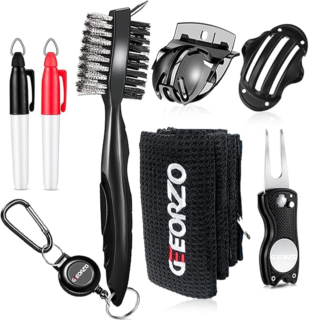 Geeorzo Golf Accessories Kits, Retractable Golf Club Brush, Foldable Golf Divot Repair Tool, Microfiber Golf Towel, Golf Ball Line Marker Tool and Ball Markers