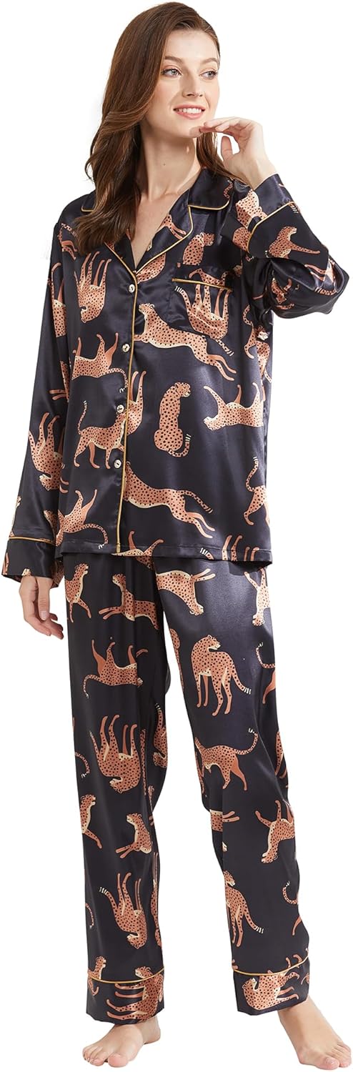 Women’s Silk Satin Classic Long Sleeve Pajamas Button Down Silky 2 Pcs Pattern Set Loungewear Sleepwear - Image 5