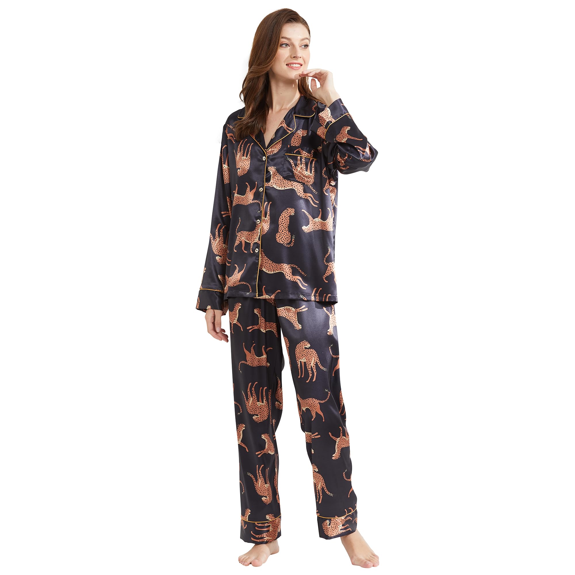 Pijama clásico de satén de seda para mujer, manga larga, con botones, sedoso, 2 piezas, ropa de dormir