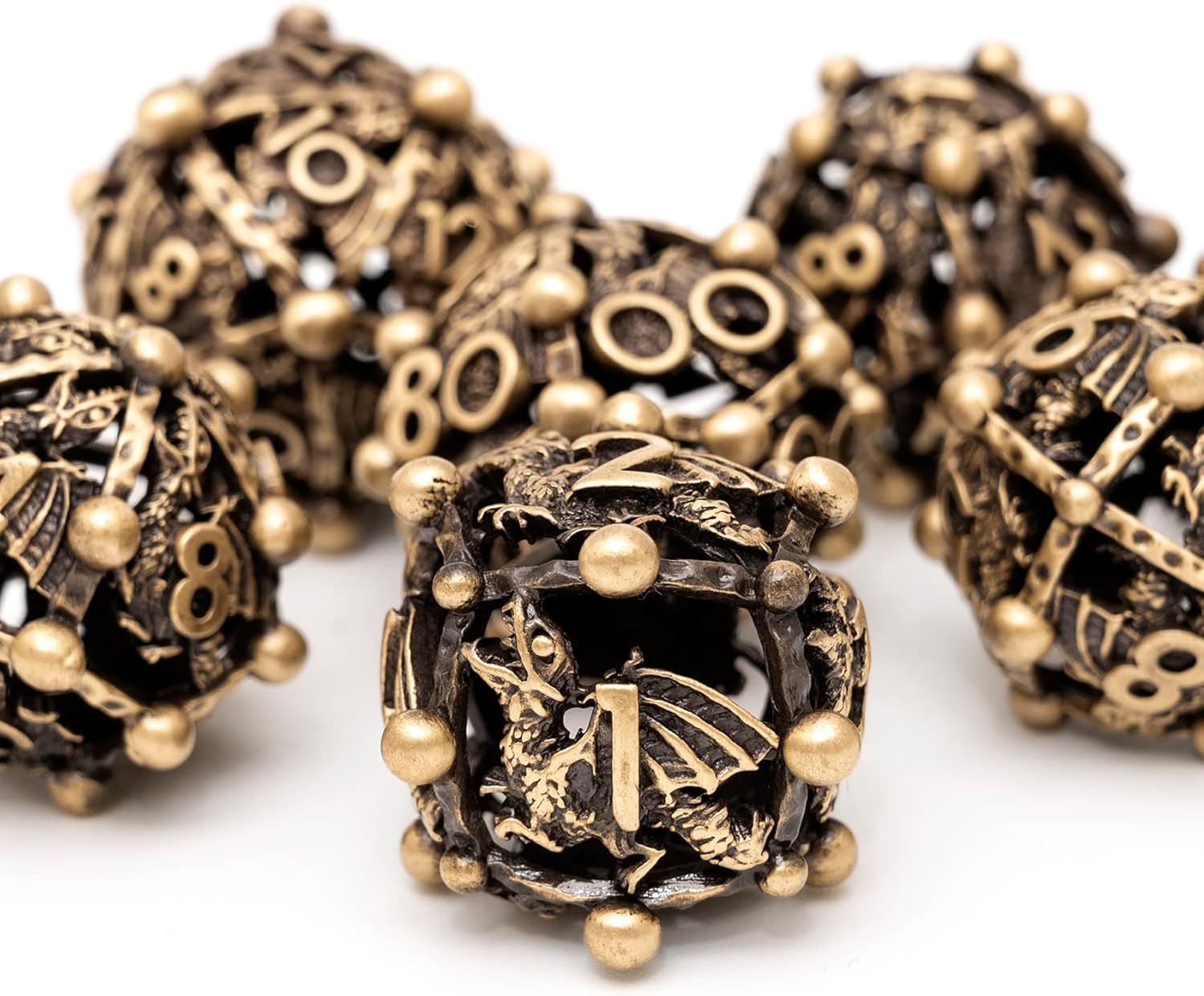 Metal DND Dice Set with Box 7pcs Hollow D&D Dice,Copper Polyhedral Dungeons and Dragons Dice Set Steampunk Polyhedral Dice Games Set for RPG,MTG,Pathfinder,D and D Dice Set (Ancient Bronze)