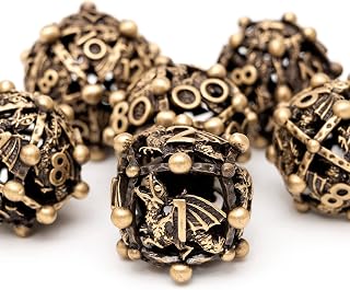 Metal DND Dice Set with Box 7pcs Hollow D&D Dice,Copper Polyhedral Dungeons and Dragons Dice Set Steampunk Polyhedral Dice Games Set for RPG,MTG,Pathfinder,D and D Dice Set (Ancient Bronze)