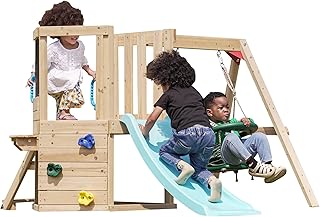DOLPHIN PLAYGROUND T Toddler Swing Set for Backyard with Toddler Seat, Chalkboard, Slide, Climbing Wall & Outdoor Table – Cedar Wood Outdoor Playset for Kids Aged 18 Months to 4 Years