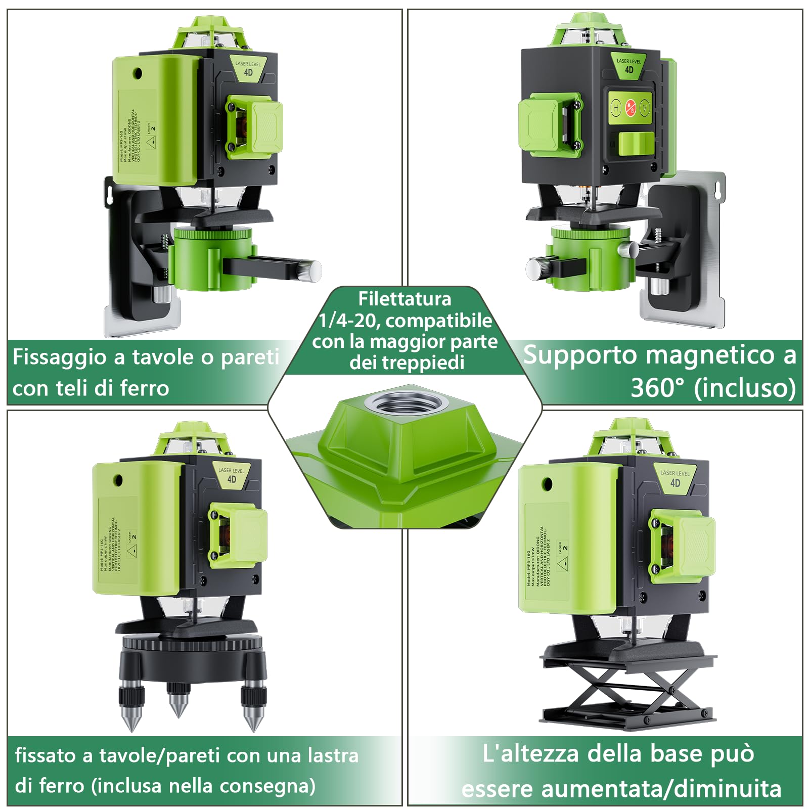 Verde Livella Laser Autolivellante 4x360 °, 16 Linee Livello per lavori di costruzione e per appendere quadri, Telecomando, 2 * batterie