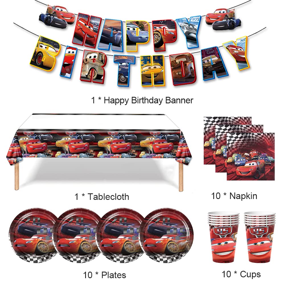 Vaisselle Jetable Thème Voitures De Course - 51 Pièces Pour 10 Invités - Assiettes, Gobelets, Serviettes, Nappe