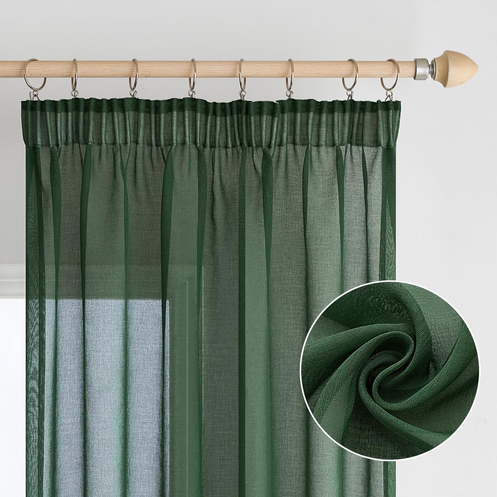 EMEMA Curtains with Ruffle Tape, Set of 2, Sheer Voile Dark Green Curtains, Transparent Curtain for Rail System Living Room - Image 2