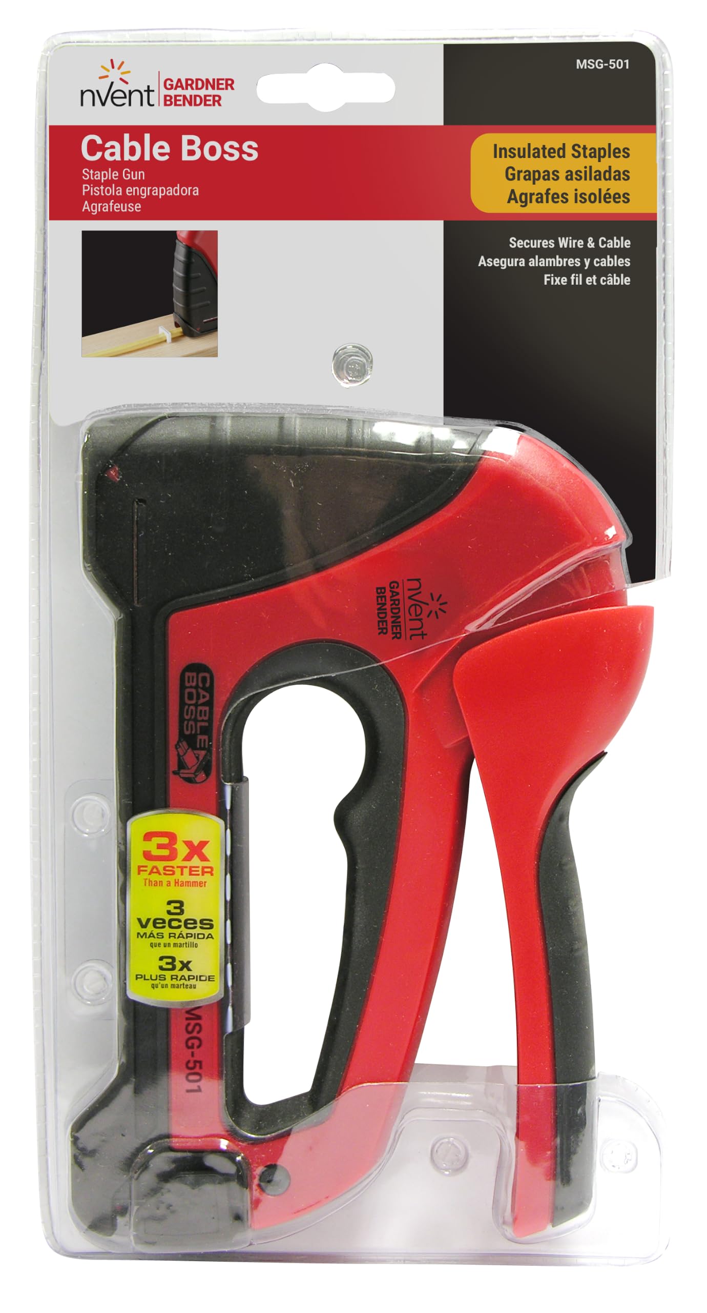 Gardner Bender MSG-501 Pistolet agrafeur de câble robuste de qualité professionnelle, sécurise les câbles coaxiaux (NM) et basse tension, rouge