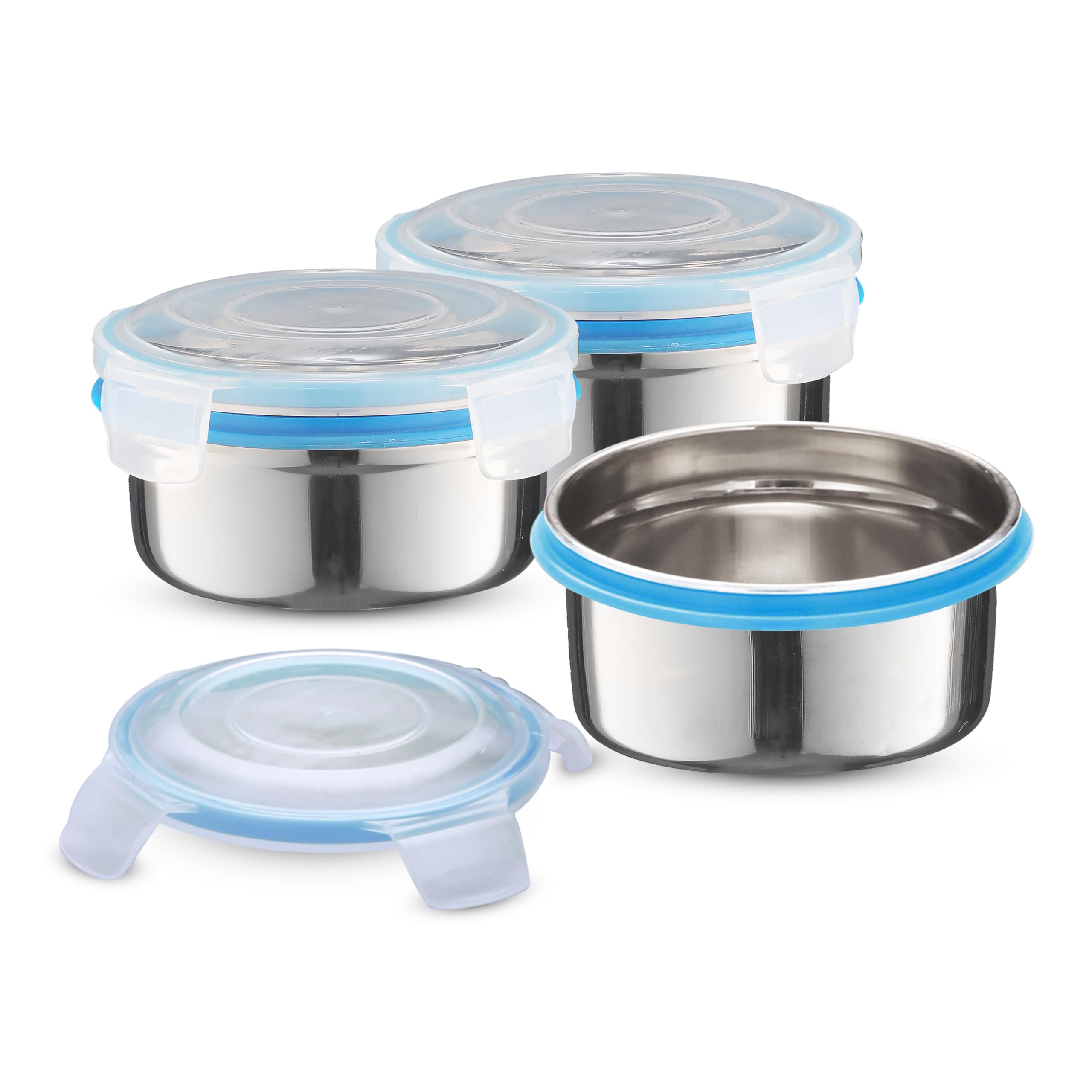 Trueware Clip N Close Smart Lock Stainless Steel Lunch Box | Durable, Airtight, BPA Free, 100% Food Grade | Versatile | for Office, for Men and Wowmn | 350 ml Each | Set of 3-image-12