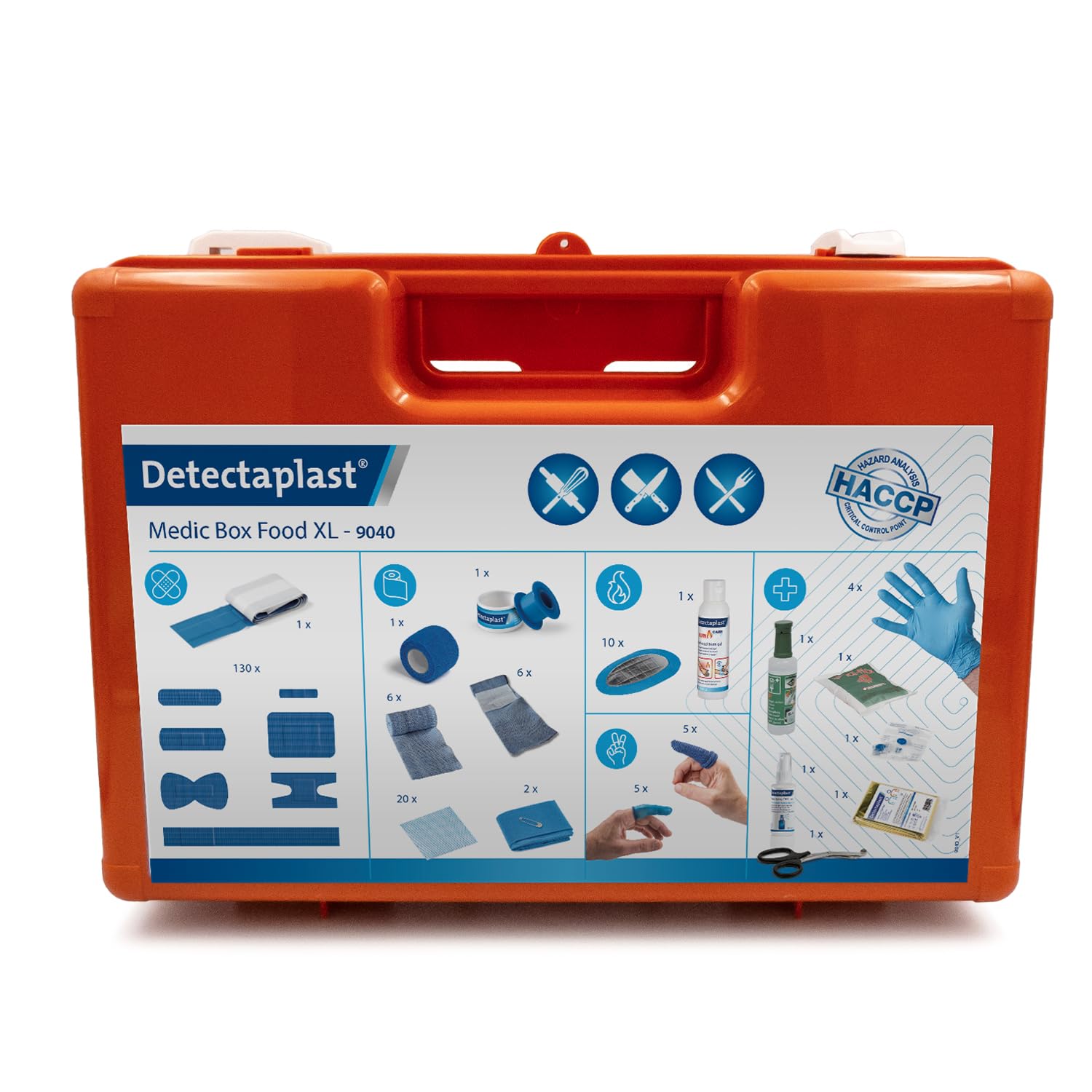 Detectaplast Botiquín para catering, botiquín para el tratamiento de heridas, portátil en maletín con tiritas, apositos, esparadrapo, 190 piezas