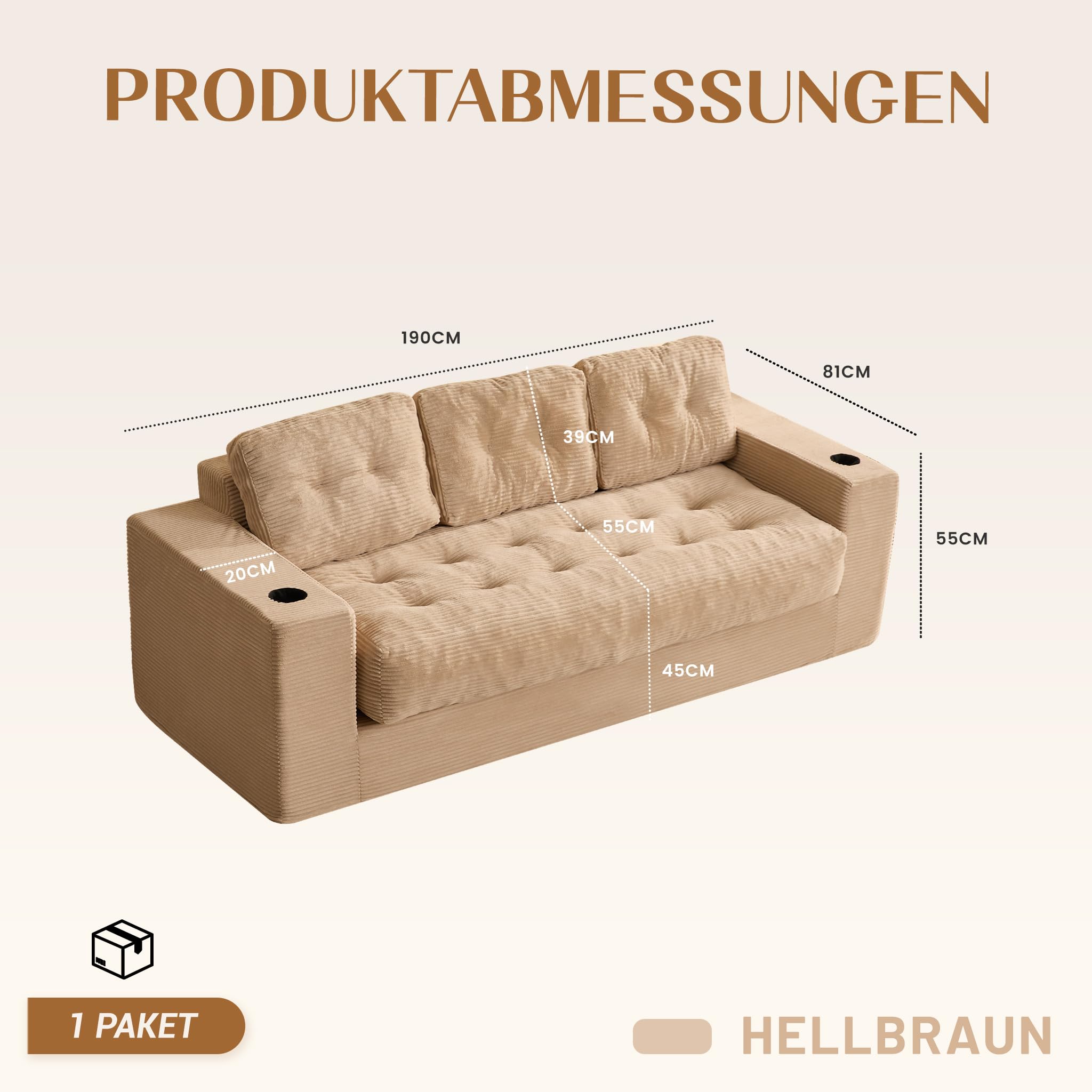 Bodensofa 3-Sitzer 190 cm, Cord Sofa ohne Gestell mit Kissen, 2 Getränkehaltern & breiten Armlehnen, Lounge Sofa für Wohnzimmer, kleine Wohnungen & Studenten, kein Aufbau erforderlich (Hellbraun)