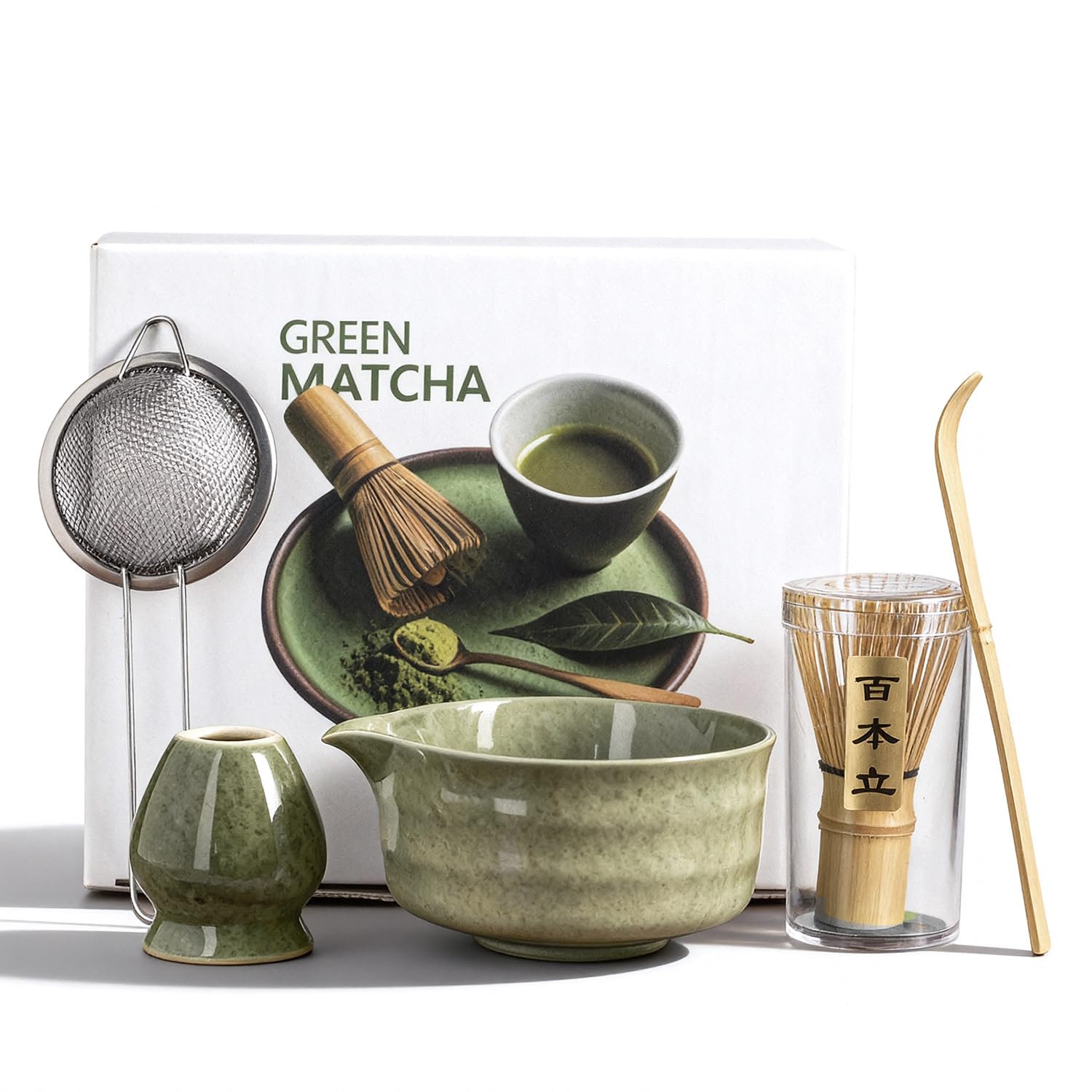 Matcha Set 5-Teiliges, Matcha Schale, Bambusbesen und Matcha-Löffel Filterlöffel Matcha Set– Vollständiges Matcha Tea Set für Traditionelle Japanische Teezeremonie Klassisches Grün