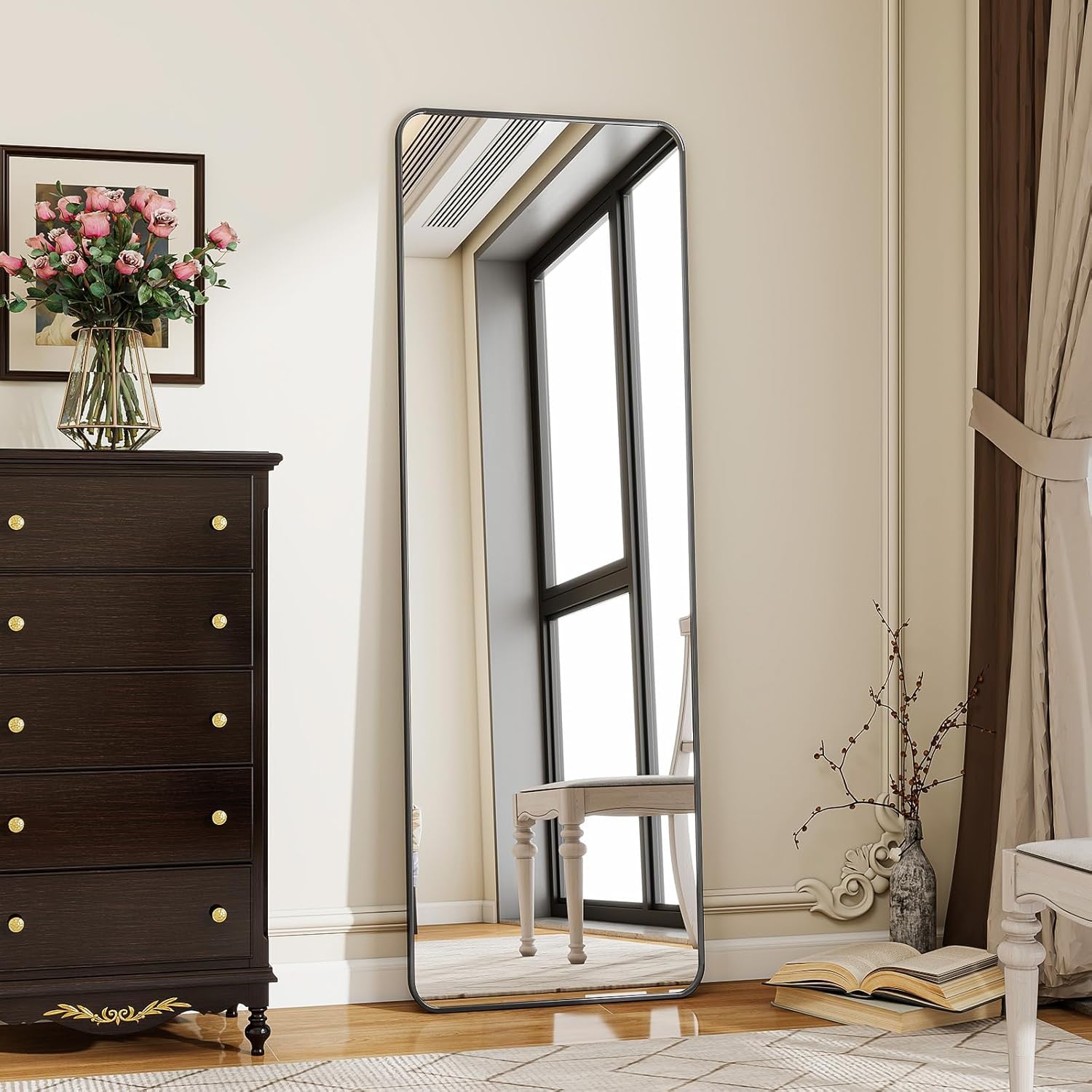 Koonmi Full Length Mirror, 161 x 52 cm, Rectangle Round Corner Full Body Mirror with Stand, Aluminium Alloy Frame, Tempered Glass, for Bedroom, Living Room, Cloakroom, Black