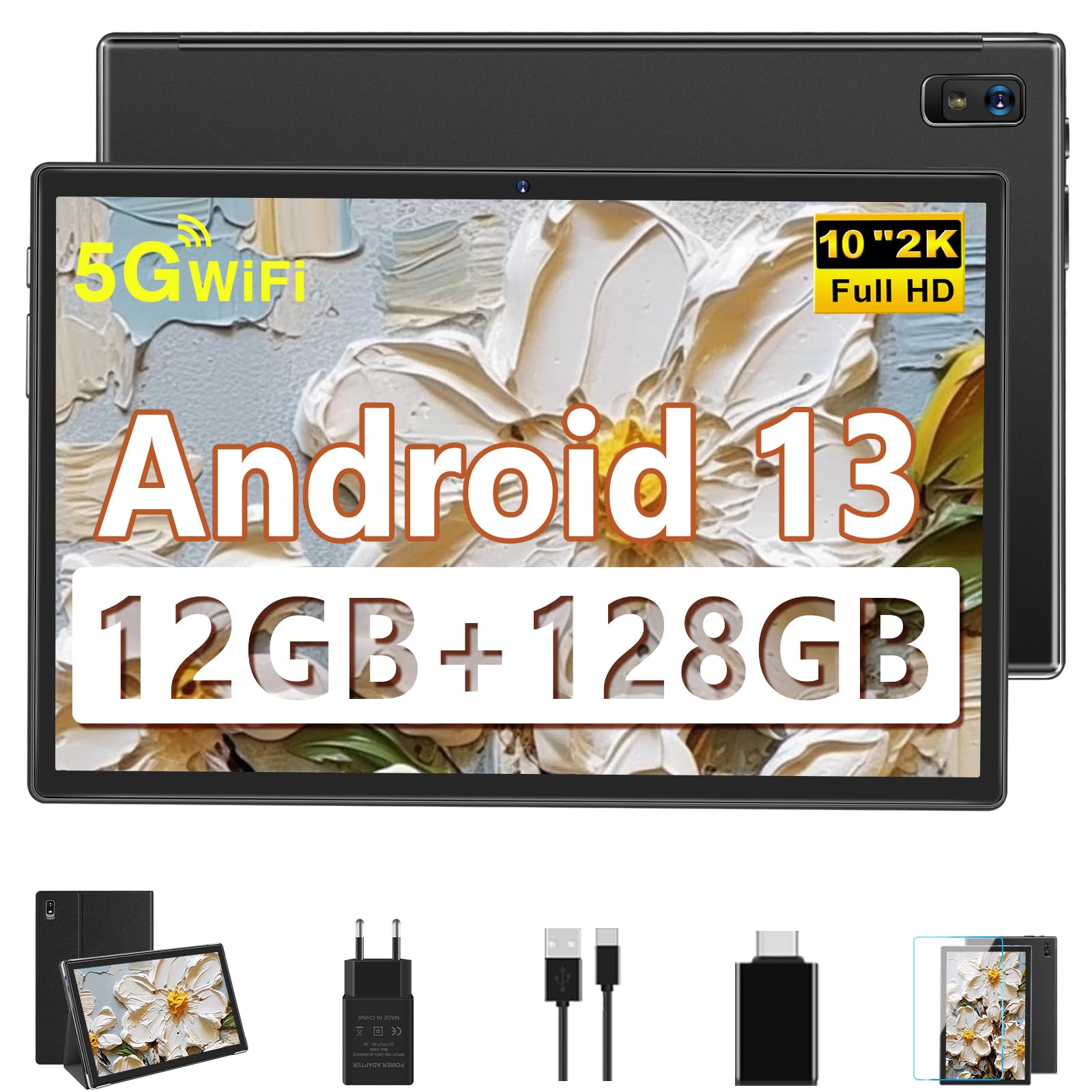 fezawio Tablet Android da 10 pollici, 12 GB RAM + 128 GB ROM, processore Octa-Core con custodia protettiva
