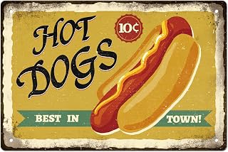 SUPERDANT Hot Dogs Tin Signs Hot Dogs Best in Town Vintage Tin Sign Fast Food Sign Vintage Metal Signs Funny Wall Art Painting Iron Decor for Fast Food Restaurant Outdoor Wooden Fence Decoration