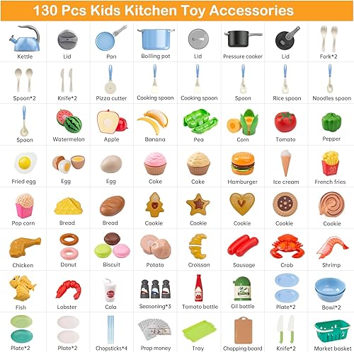 Miniatura 29 de Juego de cocina de 130 piezas, ollas de juego de cocina para niños, sartenes, utensilios de cocina, alimentos diarios, frutas y verduras, cesta