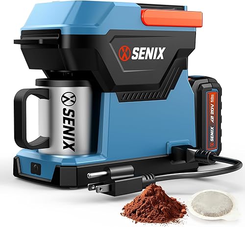 Miniatura 9 de SENIX Cafetera de una sola porción, portátil, 2 en 1, batería de 20V 5.0 Ah, cargador y cable de alimentación, compatible con K-Cups, café molido,