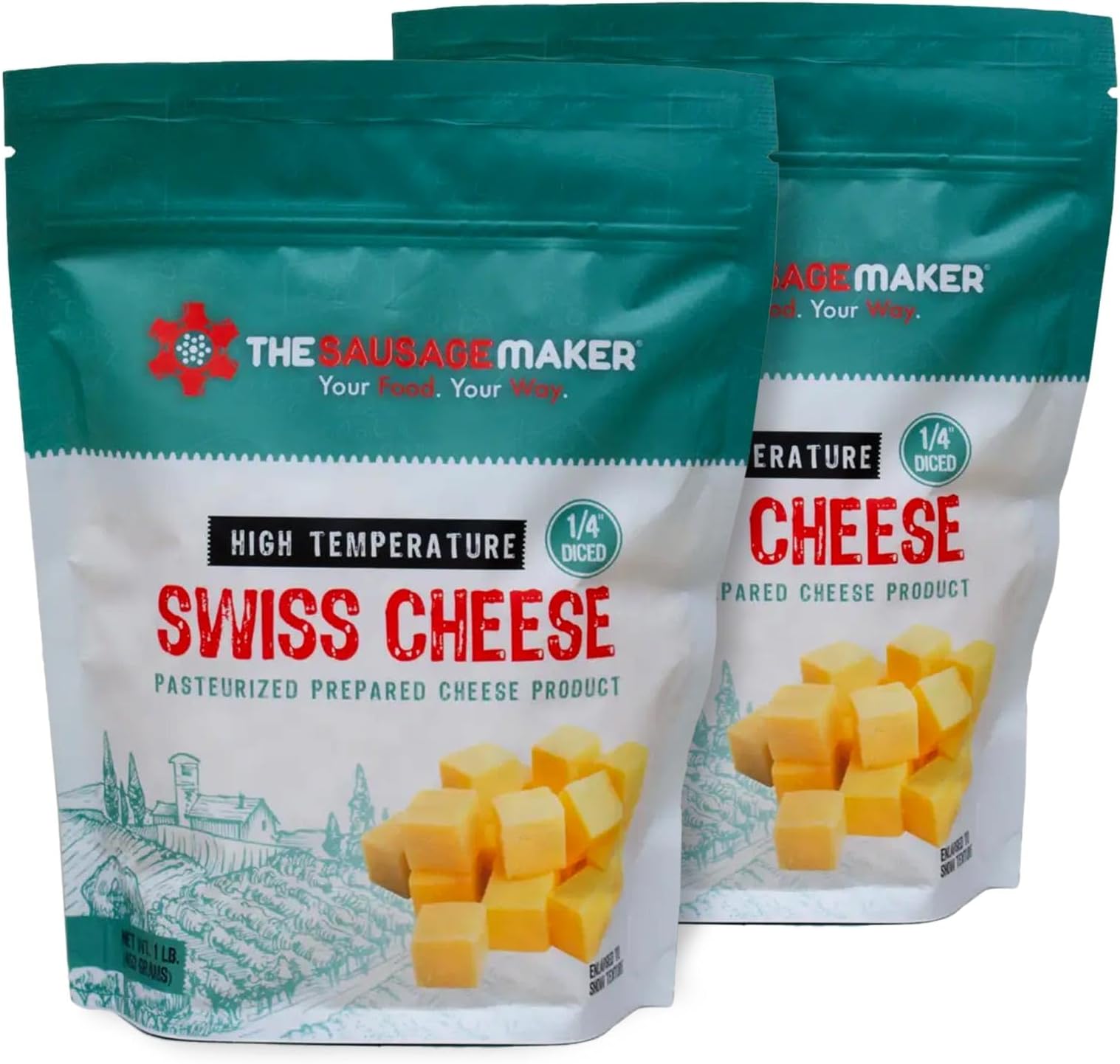 High Temp Swiss Cheese 2 Lbs Hi-Temp Cheese For Sausage Making, 1/4" Diced Cube, 400° Temperature High Heat Cheese For Grilling, Salami, Snack Sticks, Summer Sausage