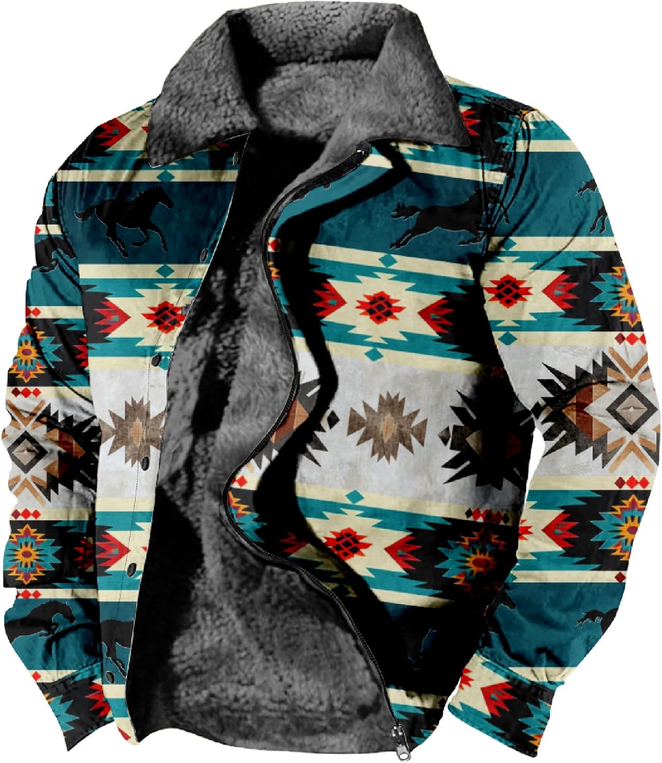 Cowboy Western Jackets for Men Long Sleeve Aztec Sherpa Fleece Lined Zip Up Ethnic Fashion Big And Tall Warm Coat - Image 3