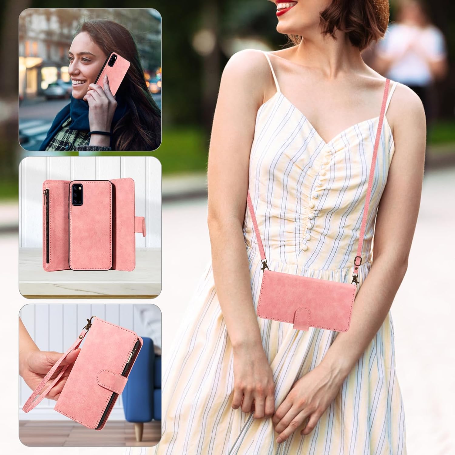 Asuwish Phone Case for Samsung Galaxy Note 20 5G Zipper Wallet Detachable Cell Cover with Screen Protector Crossbody Lanyard Strap Flip Card Holder Note20 Notes 20s Twenty Not S20 Women Rosegold