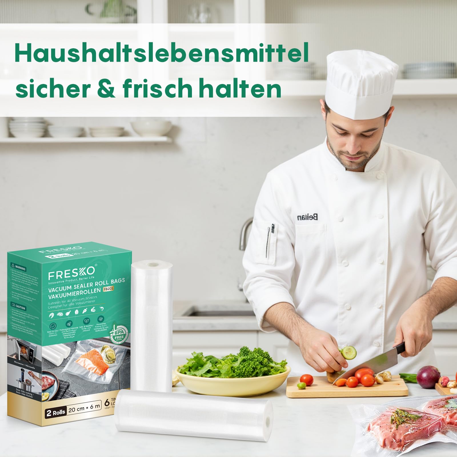 FRESKO Testsieger Vakuumier-Set Automatisches Vakuumiergerät (18L/min, Note 1,2) mit 2 Zusatz-Rollen 20cm x 6m & Aufbewahrungsbox Ideal für kleine Portionen, inkl. 2 Rollen (20+28cm)
