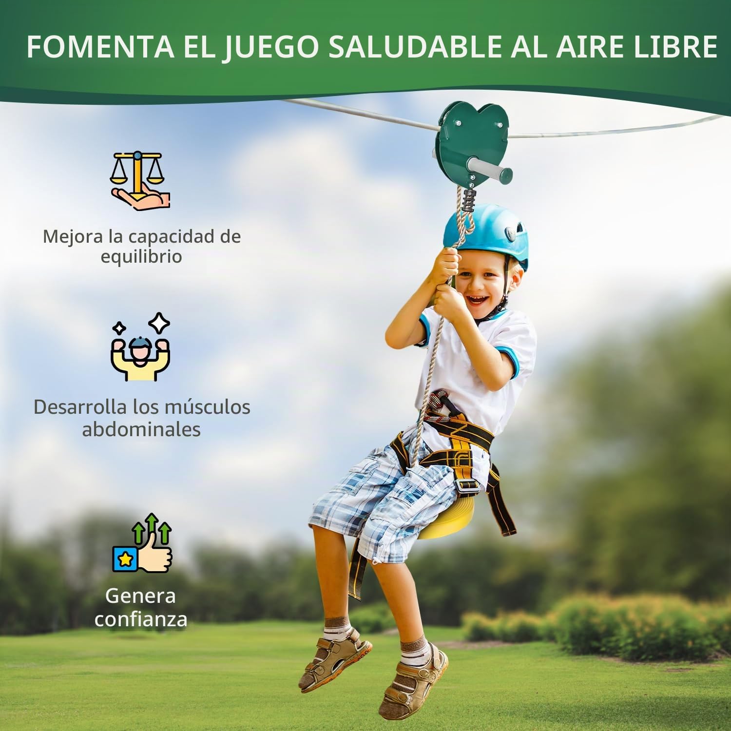 Outsunny Tirolina para niños de 6 a 10 años Tirolina de jardín Asa antideslizante Cuerda ajustable Dispositivo de protección del árbol Capacidad máxima de 80 kg Cable de acero amarillo