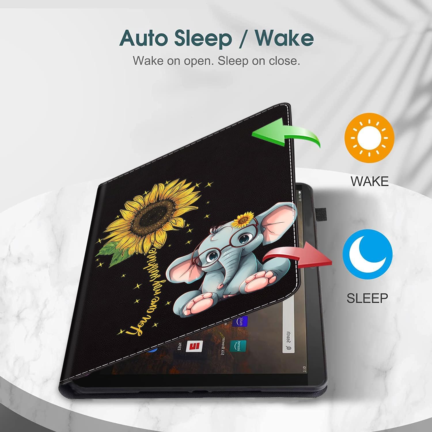 Case Fits Amazon Kindle Fire HD 8 & 8 Plus Tablet (12th Generation/10th Generation, 2022/2020 Release) 8, Multi-Angle Smart Stand Cover Auto Sleep/Wake，Cute Elephant and Sunflower