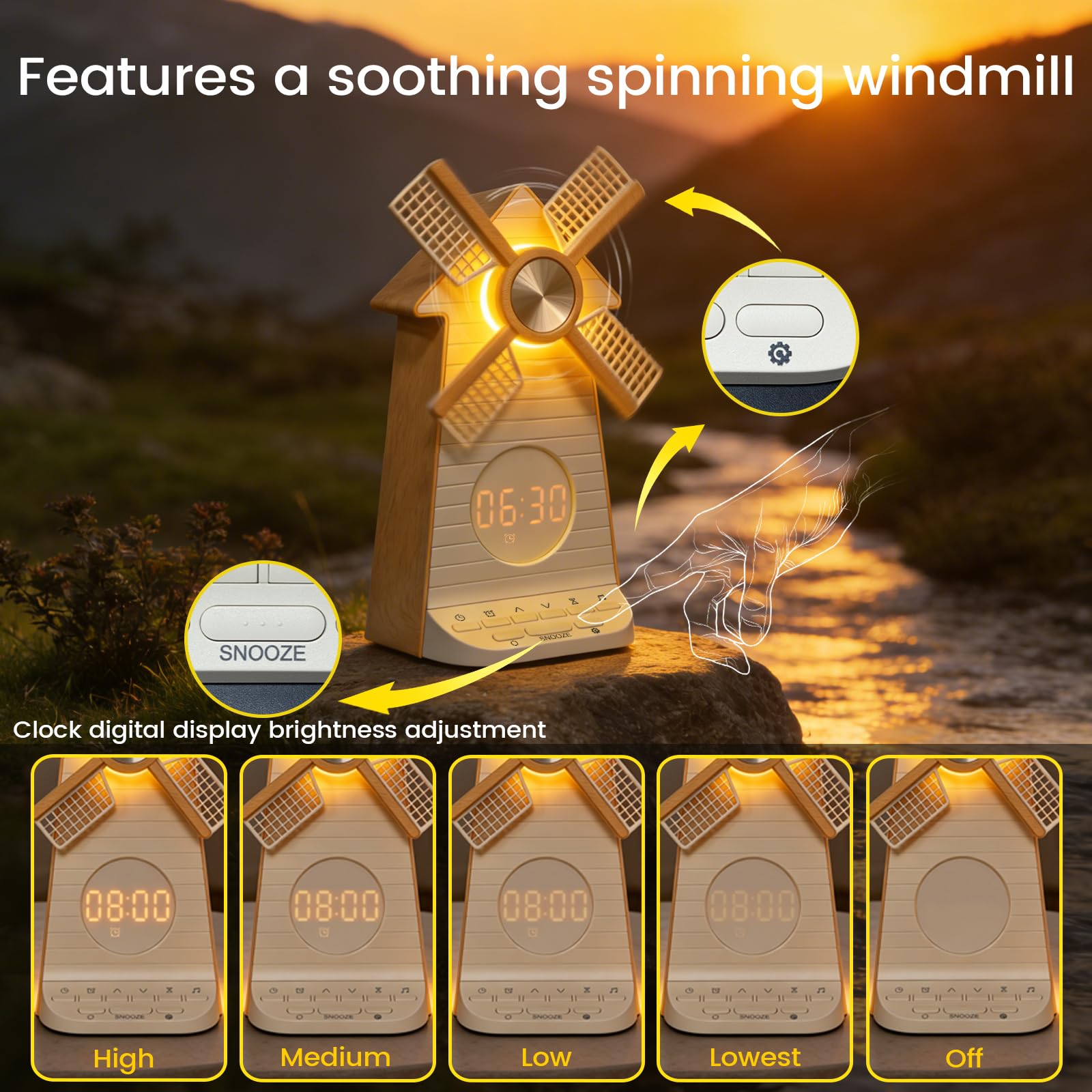 Sonnenaufgangswecker mit rotierender Windmühle, Snooze-Aufwachlicht, 10 Naturklänge & 10 Weißgeräusche, 4-stufig dimmbares Nachtlicht Timer 30/60/90 Min, Einschlafhilfe-Geschenk für Erwachsene/Kinder