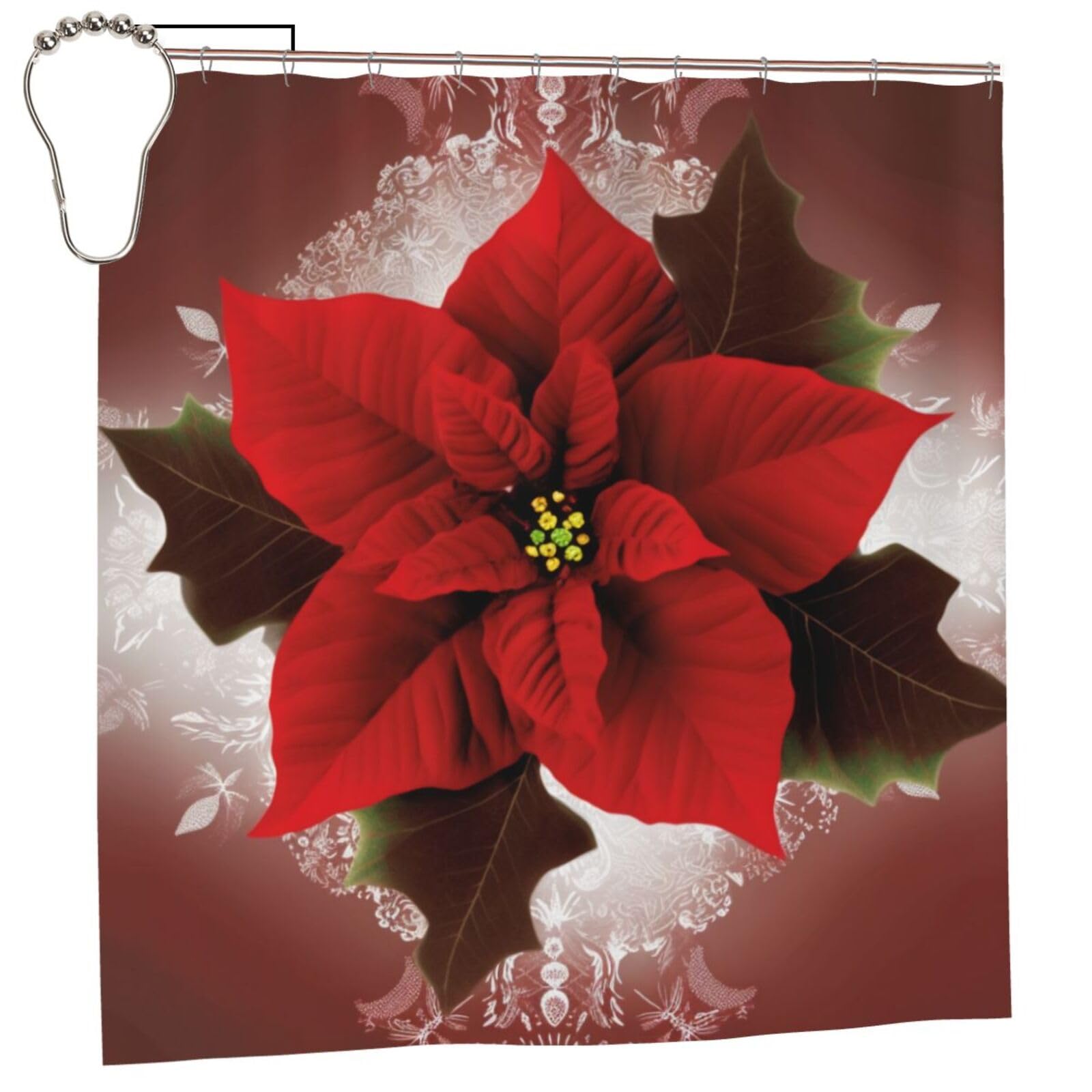 BWWHCCTI Merry Christmas Flower Printed Shower Curtain With 12 Iron Hooks Opaque Quick Drying Waterproof Shower Curtains Sets For Bathroom 183x183 CM