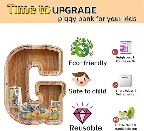 Miniatura 46 de Alcancía grande para niños y niñas, alcancía de madera personalizada con diseño recortado, bancos de monedas de letras del alfabeto, caja de ahorro