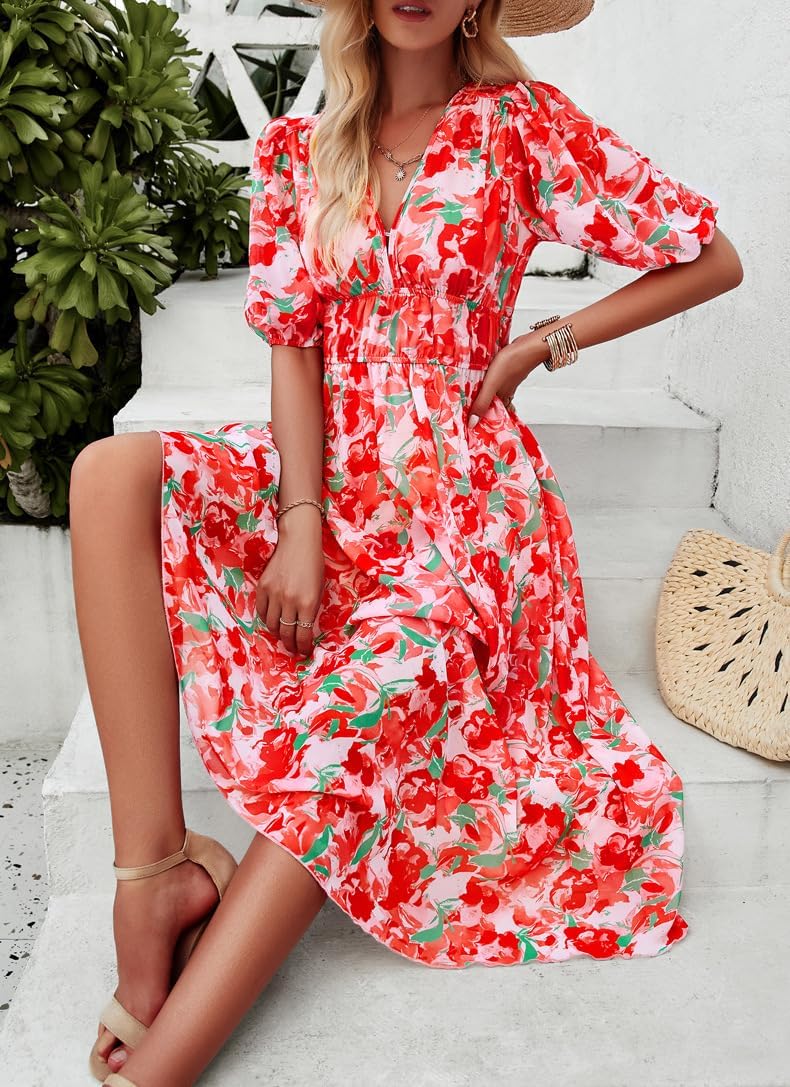 Spring Summer Floral Dresses for Women 2026 Chiffon Empire Waist Puff Sleeve Midi Beach Sundress Boho Vacation Outfits - Image 6