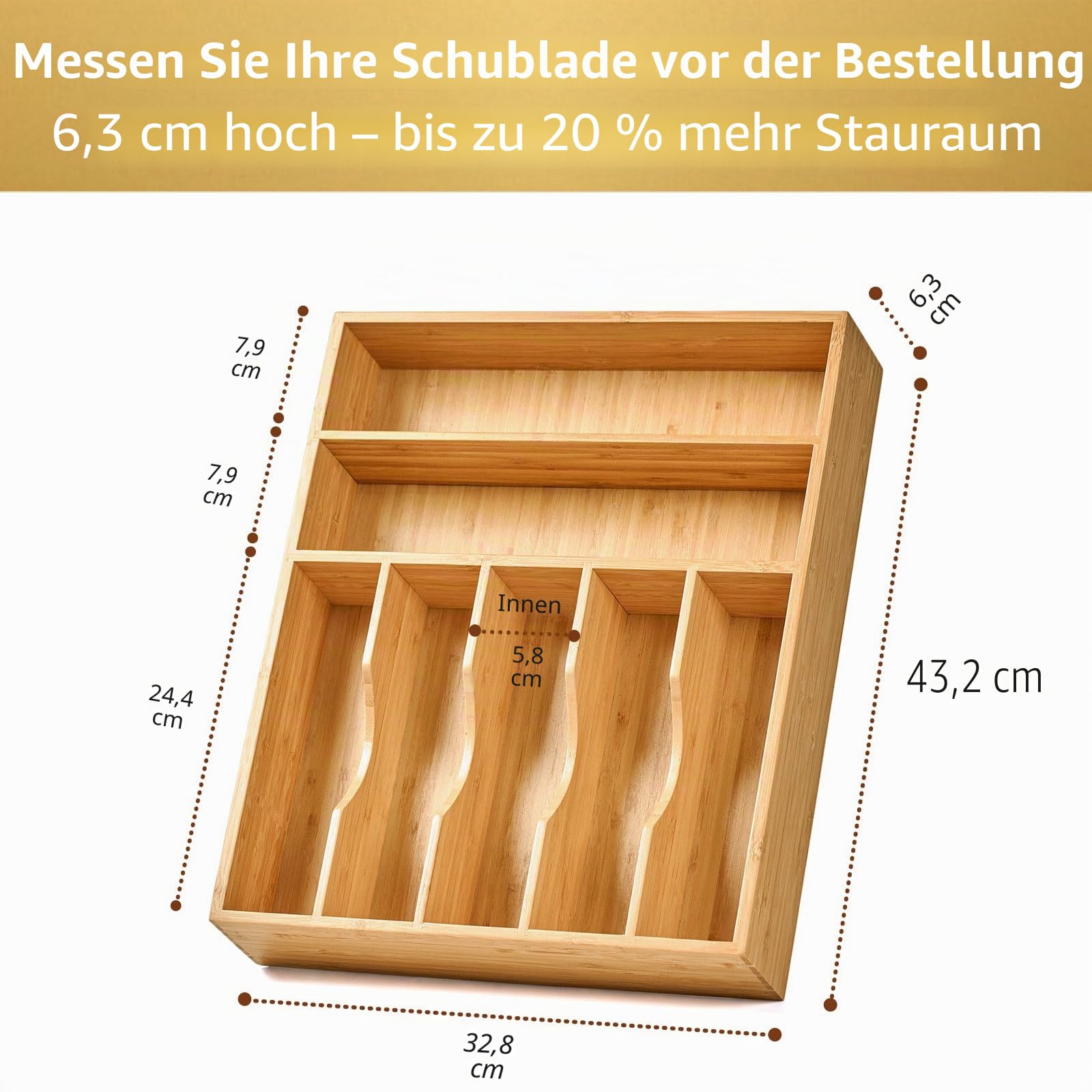 Umilife Bambus-Küchenschubladen-Organizer, 33 cm, Besteckkasten, extra tief, gerillte Schubladen-Trennwand, 7 Fächer, insgesamt Bambus-Holz-Caddy für Besteck, Messer, Gabeln, Löffel