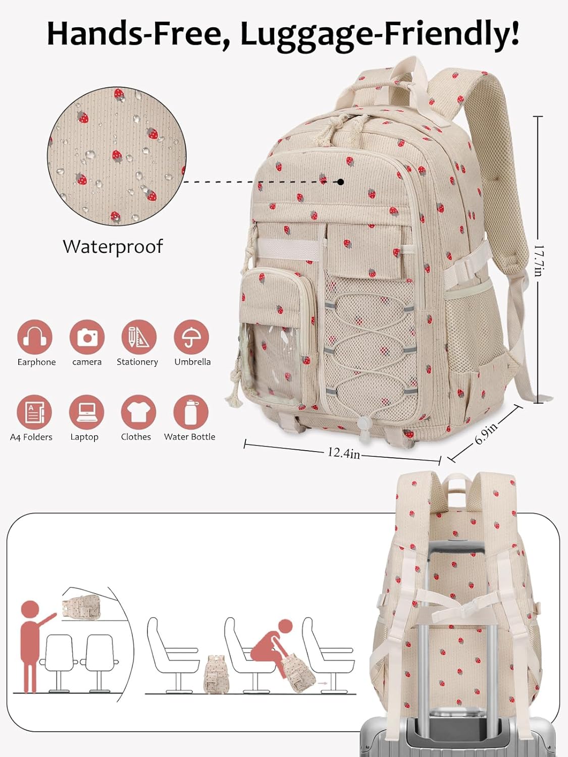 Octsky Cute Backpack for Teens Girls Women, Corduroy School Backpacks Kids Elementary Middle High Bookbag, Strawberry Beige