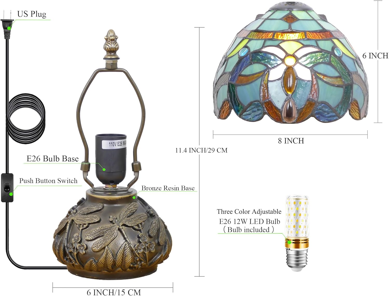 Small Tiffany Lamp Mini Stained Glass Table Lamp Mushroom Memory Sympathy Lamp 8X11 Inch (Sea Blue Baroque)