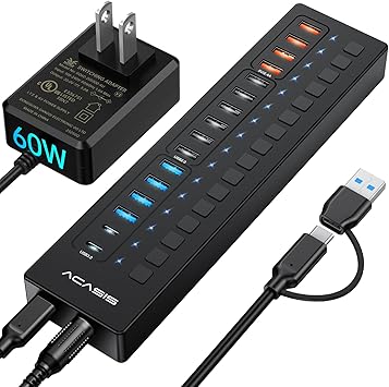Powered USB 3.0 Hub, ACASIS 16 Port USB Hub PoweredInclude 2*USB C 3.0+4 Smart Charging Port with 60W Power Adapter, Support Wall Mount, USB Hub for PC Laptop, Mac, Printer, Camera