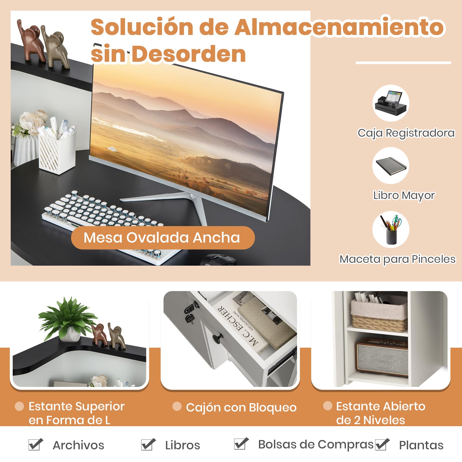 COSTWAY Escritorio de Recepción, Escritorio Ovalado de Mostrador con Cajón con Cerradura, Estante Ajustable, Mostrador Minorista para Caja, 120 x 70 x 100 cm, Mostradores Recepcion, Industrial (negro)