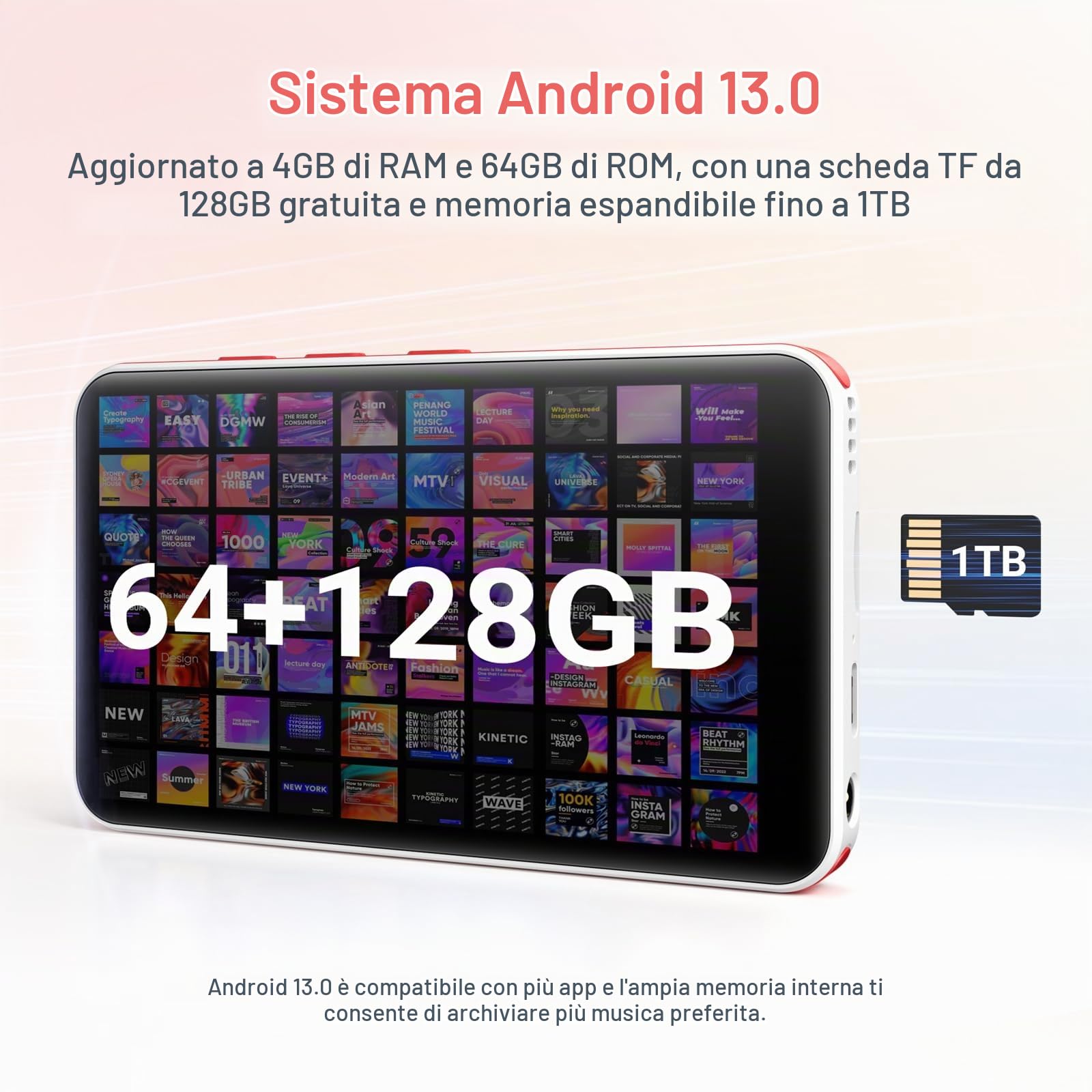 192GB Lettore MP3 con Bluetooth e WiFi, Android 13.0, RAM:4GB, 4,0" HD Schermo Tattile MP4 Lettore con Altoparlante, Portatile Spotify Lettore con Play Store (Bianco + Rosso)