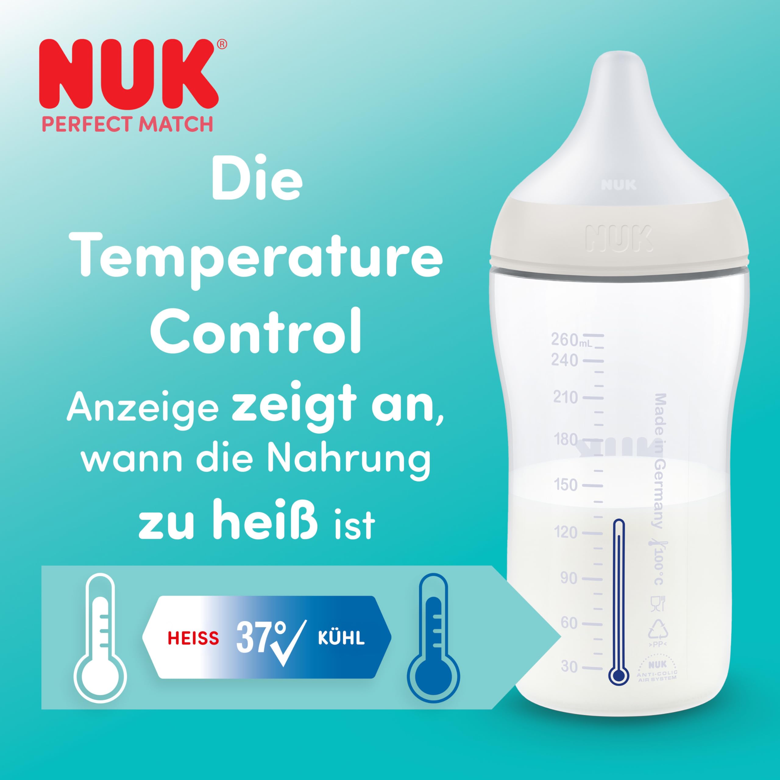 NUK Perfect Match Butelka dla niemowląt | 0+ miesięcy | 260 ml | Butelka przeciwkolkowa | PP | Wskaźnik kontroli temperatury | Hipopotam | 1 sztuka