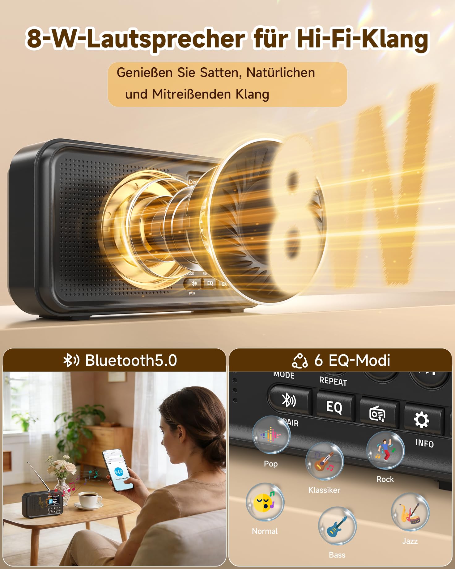 Roxicosly Tragbares DAB/DAB+ Radio, 80 Voreingestellte, UKW Digital Radio mit 3000-mAh Akku, Küchenradio mit Bluetooth 5.0, EQ-Modi, Sleep-Timer, Snooze, TF/3,5-mm AUX Anschluss, Doppelalarm