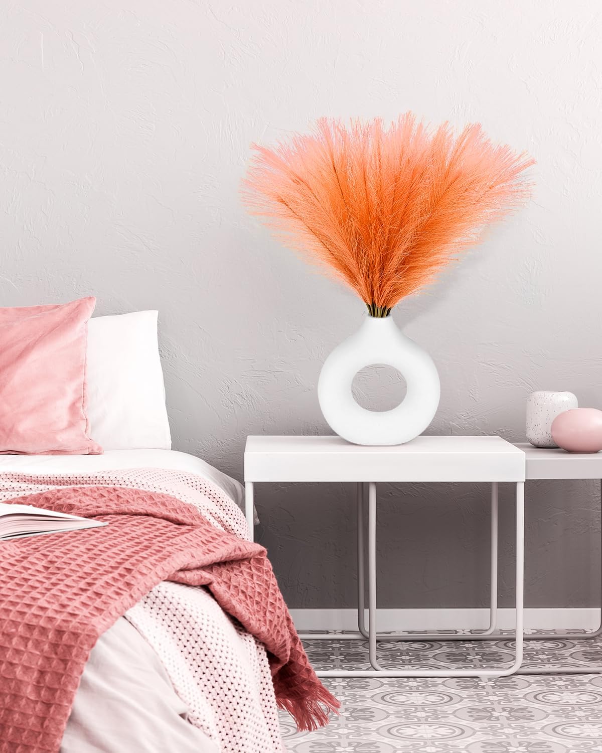 100pcs Orange Faux Pampas Grass Decor, 17.7inch Short Artificial Pompous Grass Fluffy Fall Fake Pompas Grass Branches Vase Filler Flower Arrangement for Home Wedding Boho Centerpieces Decor