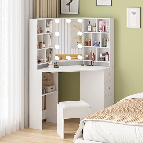 Miniatura 2 de Fameill Escritorio esquinero de maquillaje con espejo iluminado, juego de tocador negro con luces, tocadores grandes con mucho almacenamiento para