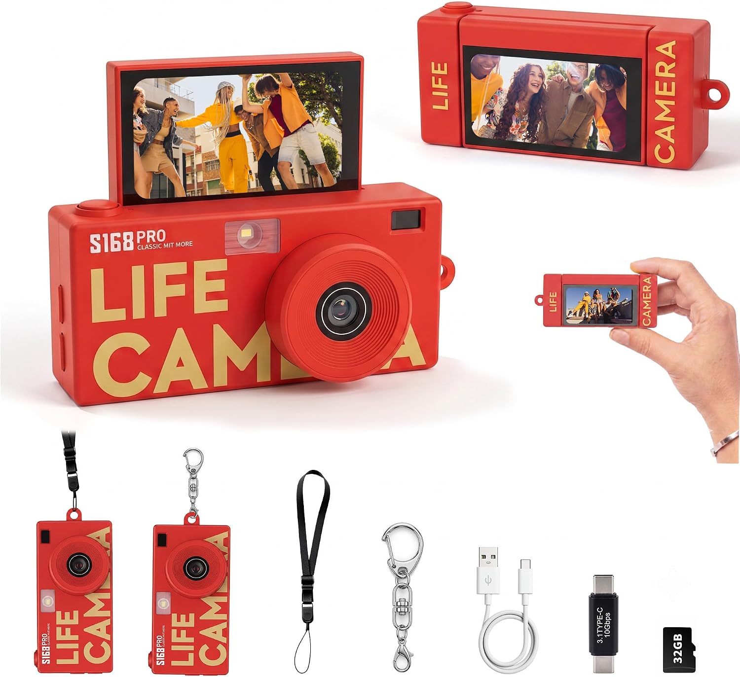 Mini Keychain Digital Camera, 1080P, 180° Flip Screen, 32GB Card
