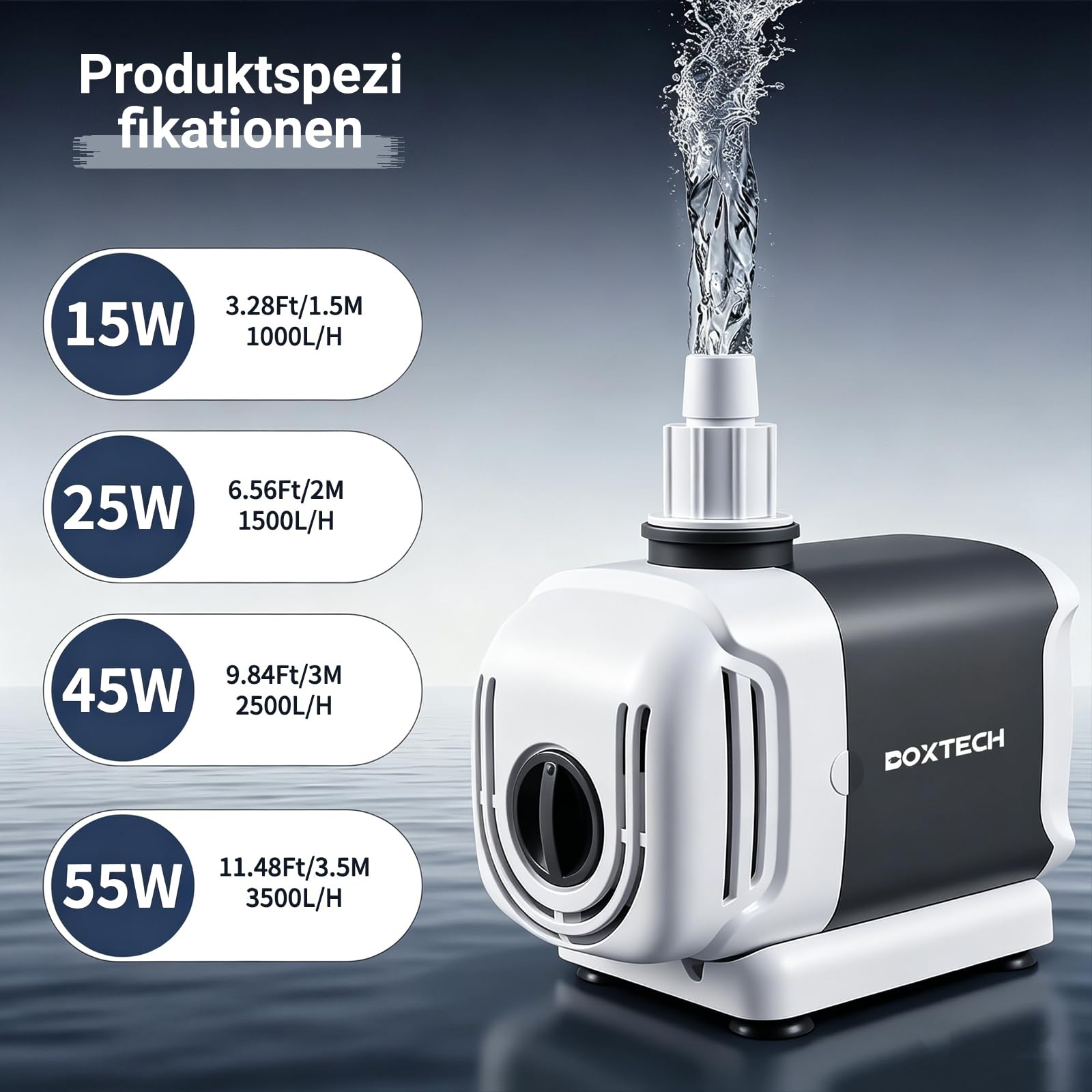 Boxtech Bomba sumergible para acuario, 25 W-1500 L/H, bomba de agua para acuarios, bomba de suministro con 3 boquillas