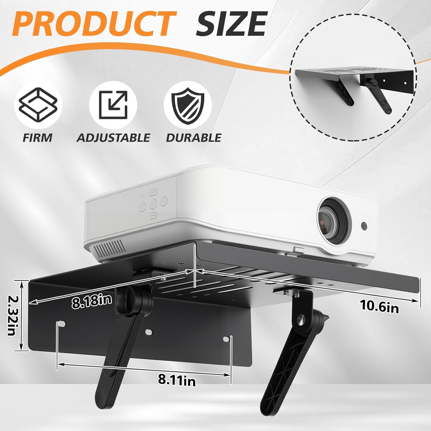 No Drill Metal Projector Shelf for Wall Mounted, 10.6 x 8.2 Inch Adjustable Angle Projector Stand for Sofa and Bedside, Foldable Floating Wall Shelf for Living Room Bedroom Display Decor
