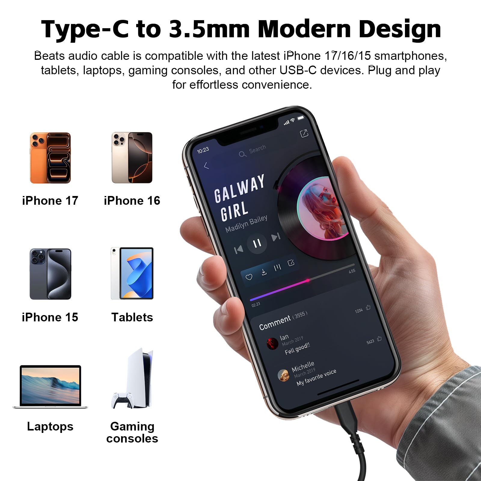 Cable de audio USB C Solo 4, cable auxiliar de audio de repuesto Solo 3 con control de micrófono en línea compatible con auriculares Beats Studio Solo Pro Detox Mixr Executive Pill para dispositivos