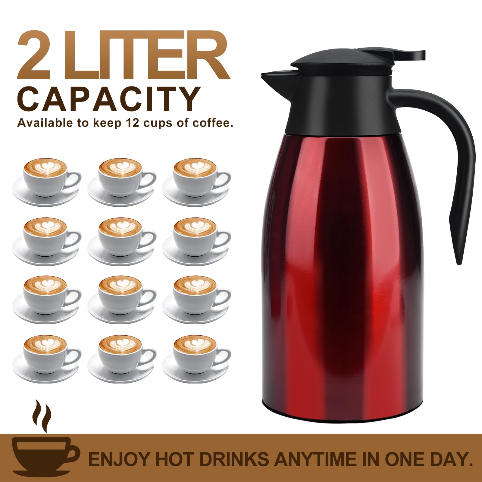 Caraffa Termica 2 litri in Acciaio Inox, Thermos Caffe, Teiera termica, Thermos a Doppia Parete, Isolata Sotto Vuoto, con Coperchio a Pressione per tè/Acqua Brocca Conservazione a Freddo o Caldo