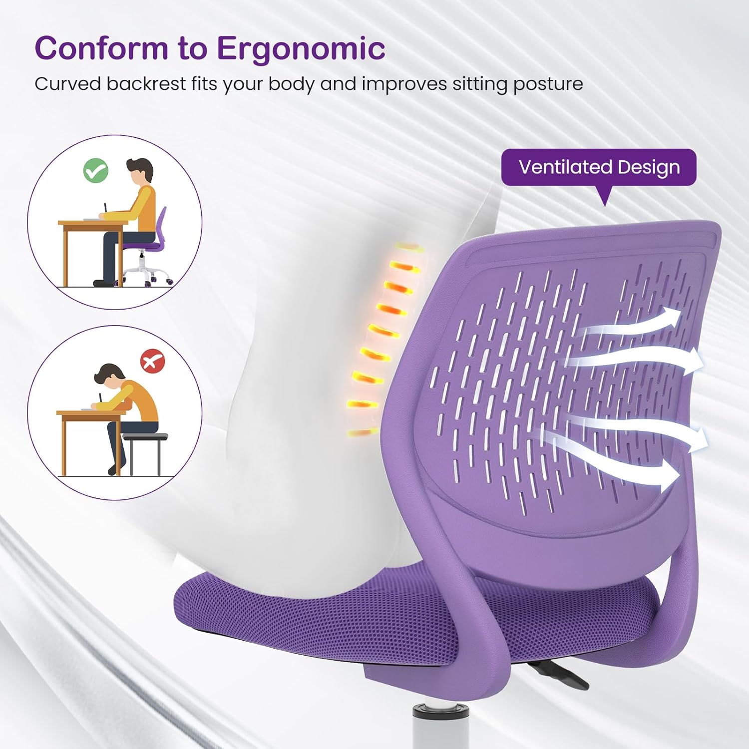 Giantex Kids Desk Chair, Adjustable Children Study Chair, Swivel Armless Mesh Task Office Chair, Computer Desk Chair with Adjustable Height & Lumbar Support (Purple)