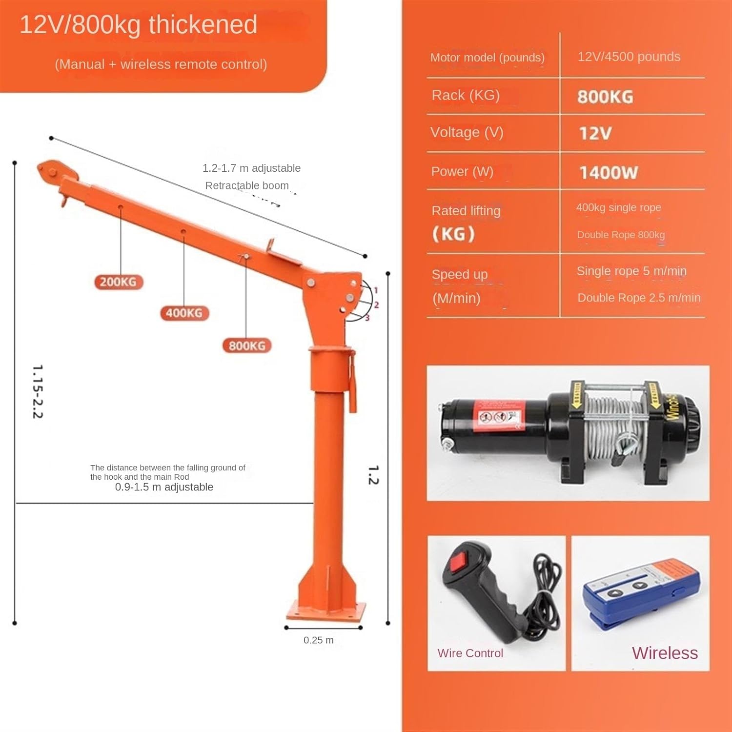 Vehicle-Mounted Crane, 12v/24v/ Small Household Lifting Crane, Truck Cantilever Crane,200V800kg Dual Control,12V 800kg Dual Control