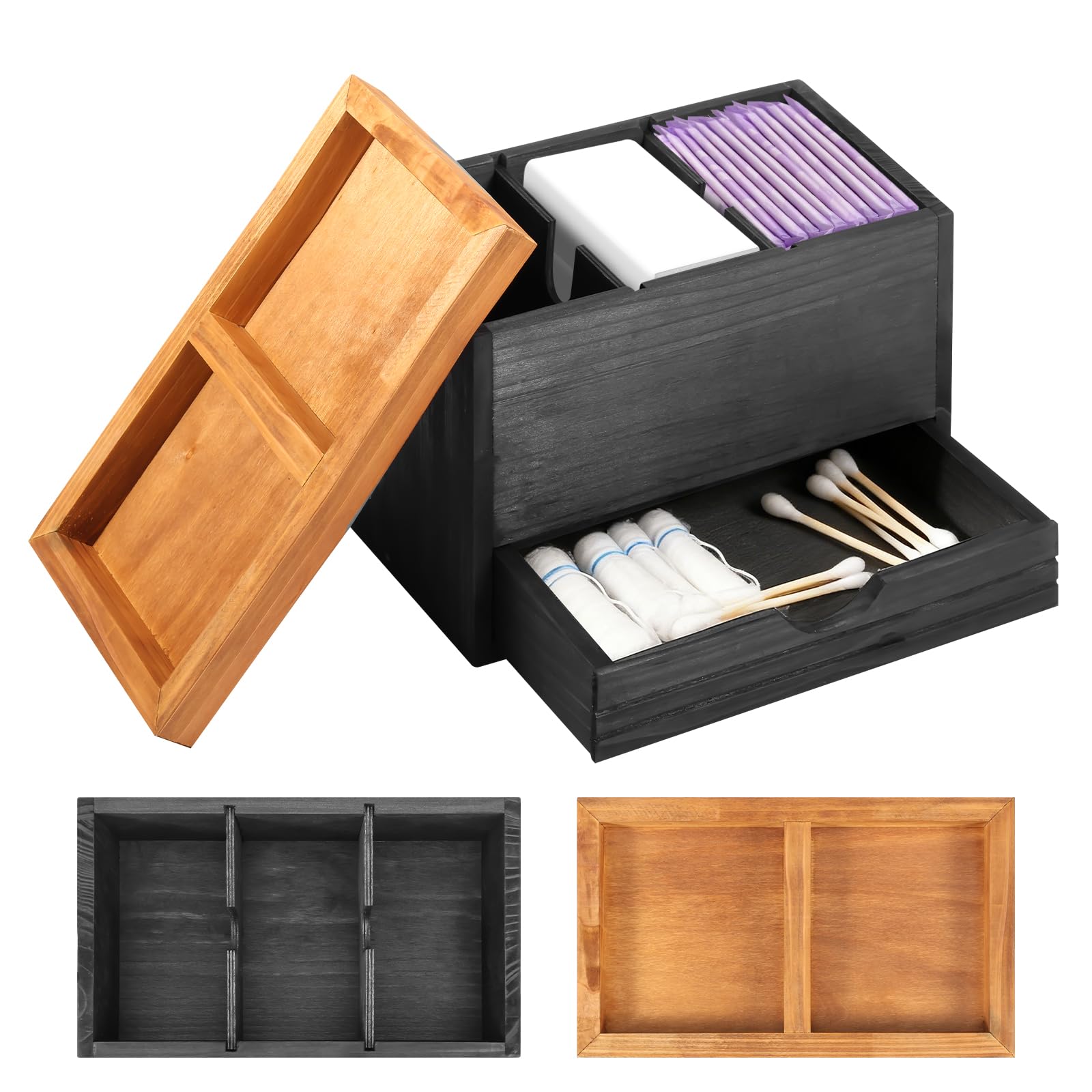 3Cartment Tampon Sto Box Nizer in legno per prodotti per l'igiene con Ders e coperchio 25 × 15 × 18 cm Divisore regolabile ideale per ragazze e donne