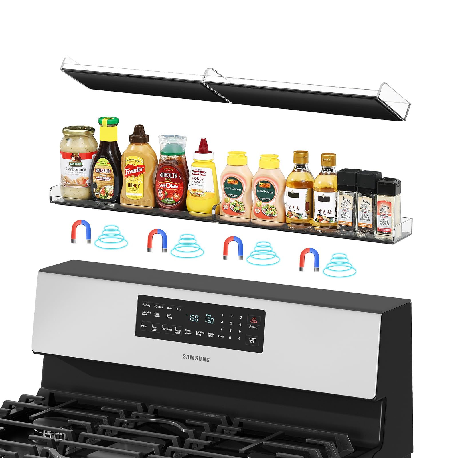 Wanapure Acrylic Strong Magnetic Stove Top Shelf, Heat Resistant Oven Shelf for Top of Stove, 2 Packs Oven Shelf, Washable Over the Stove Spice Rack,Kitchen Shelf for Spice Rack Organizer-15*3.5*1.3in