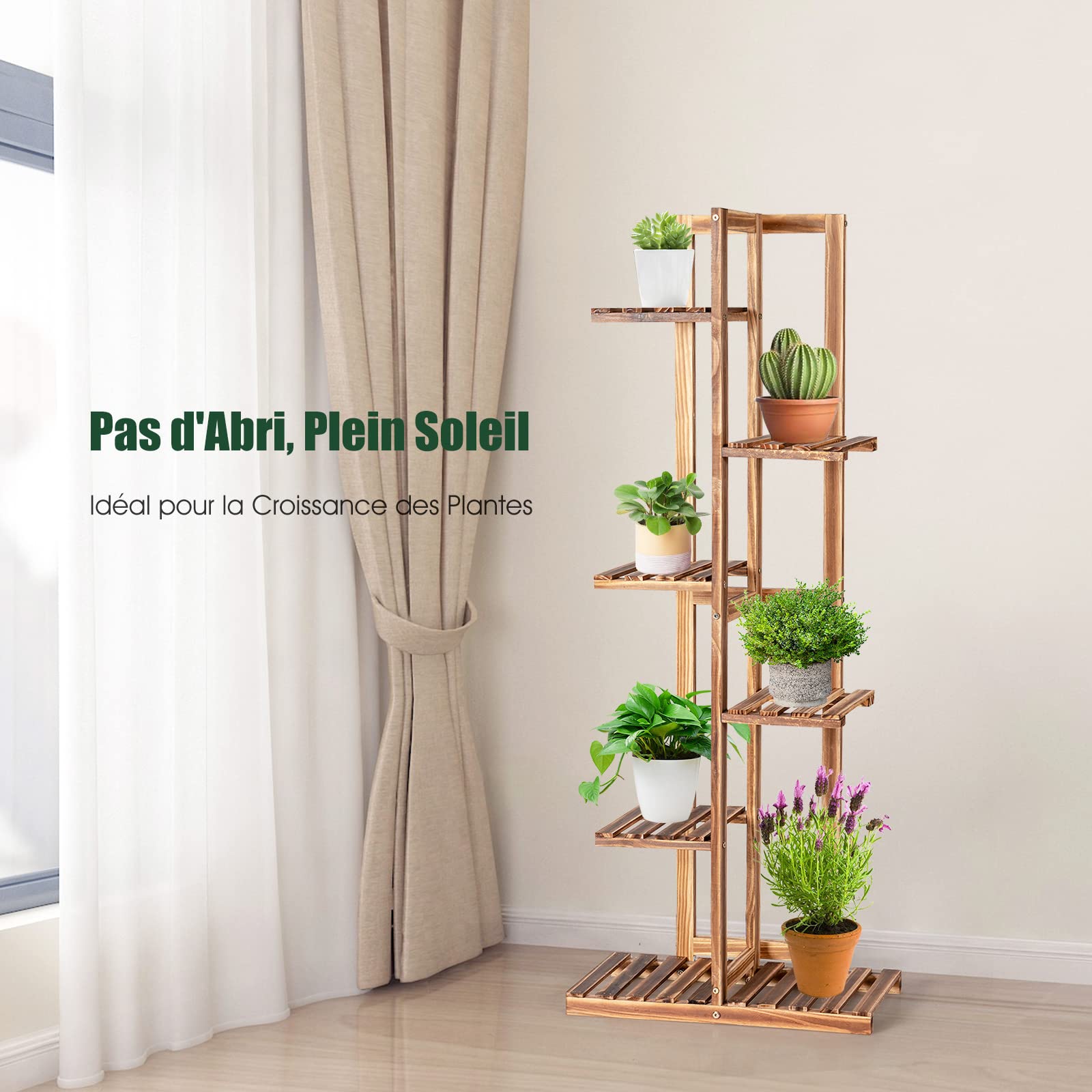 GOPLUS Porte-plantes à 5/6 Niveaux, Étagère à Fleurs en Bois de Pin, Support à Plantes pour Jardin, Balcon, Extérieur et Intérieur (6 Niveaux)