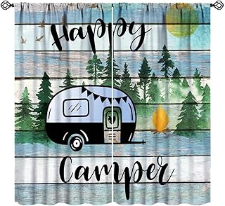 Camper Rv Curtains, Rustic Vintage Wooden Mountains Forest Travel Trailer Camper Window Drapes for Farmhouse Kitchen Bedroom Living Room, 42" W X 45" L